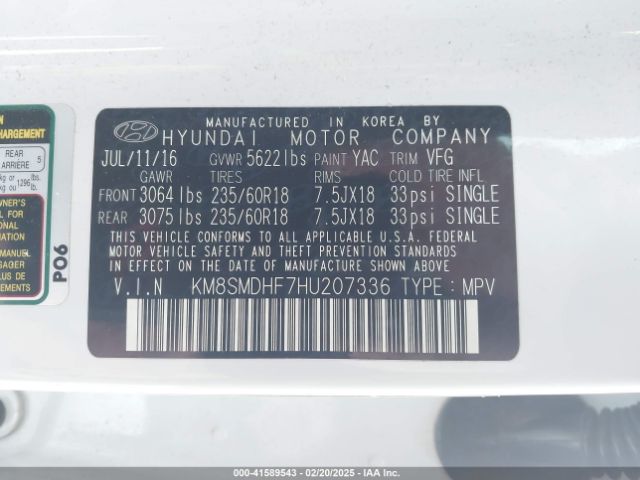 KM8SMDHF7HU207336 Hyundai Santa Fe Se