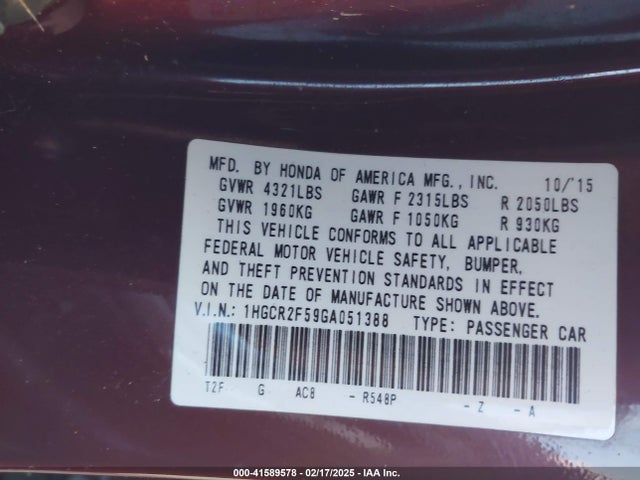 1HGCR2F59GA051388 Honda Accord Sport