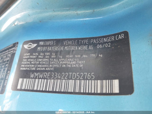2002 MINI COOPER S WMWRE33422TD52765 Photo 8