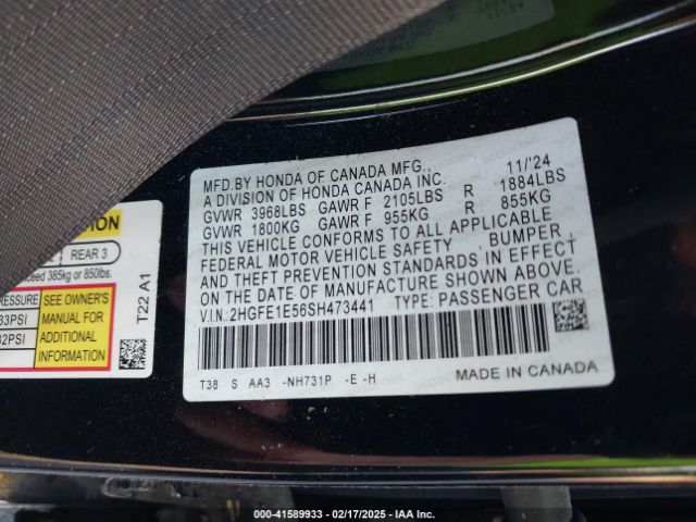 2HGFE1E56SH473441 Honda Civic Si Base W/high Performance Summer Tires/