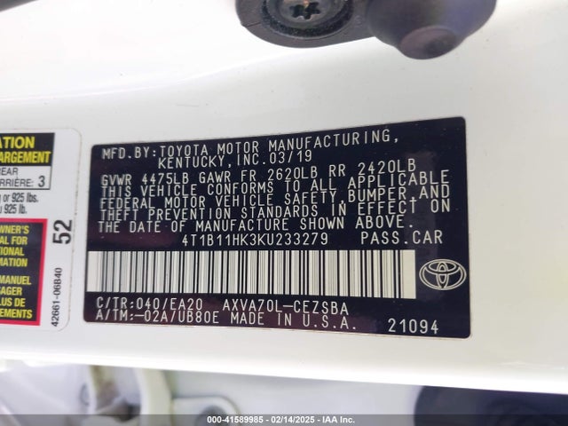 Toyota CAMRY SE 2019 4T1B11HK3KU233279 Image 9
