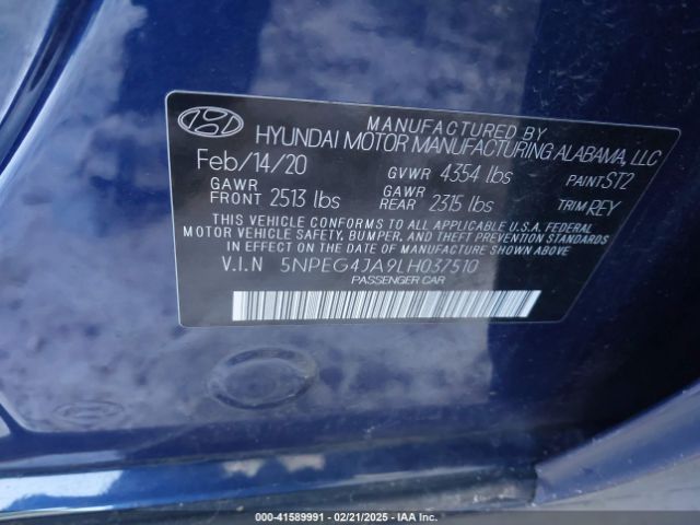 5NPEG4JA9LH037510 Hyundai SONATA SE