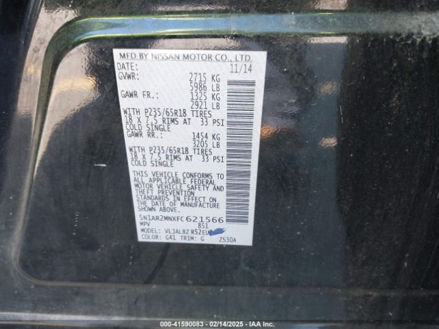 5N1AR2MNXFC621566 Nissan Pathfinder S