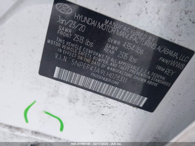 5NPEF4JA9LH028311 Hyundai SONATA SEL