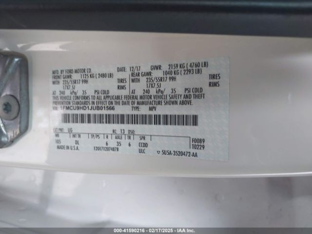 1FMCU9HD1JUB01566 Ford ESCAPE SEL