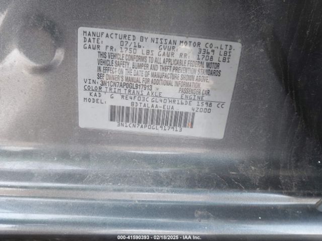 3N1CN7AP0GL917913 Nissan Versa 1.6 S