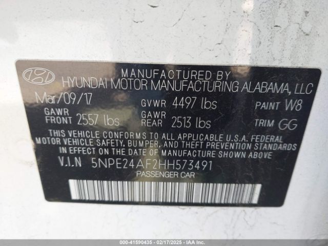 5NPE24AF2HH573491 Hyundai SONATA SE