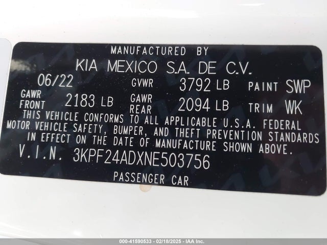 3KPF24ADXNE503756 KIA Forte Lxs