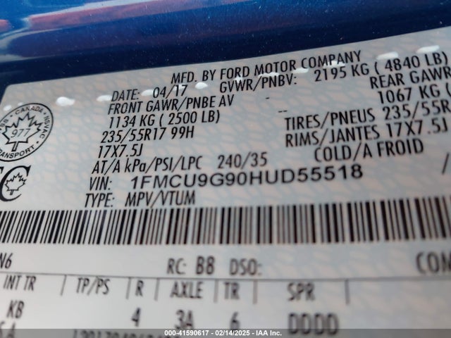 Ford ESCAPE SE 2017 1FMCU9G90HUD55518 Image 9