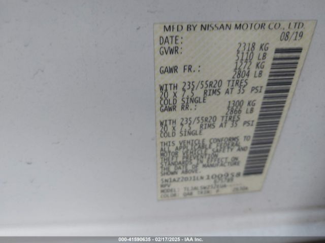 5N1AZ2DJ1LN100958 Nissan Murano Platinum Fwd