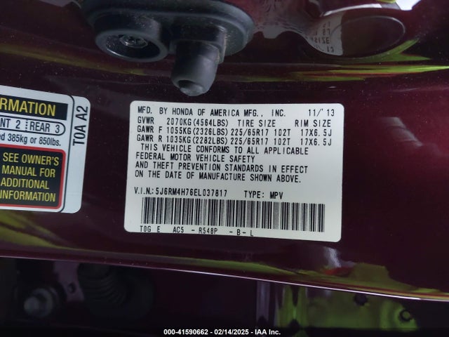 5J6RM4H76EL037817 Honda Cr-v Ex-l