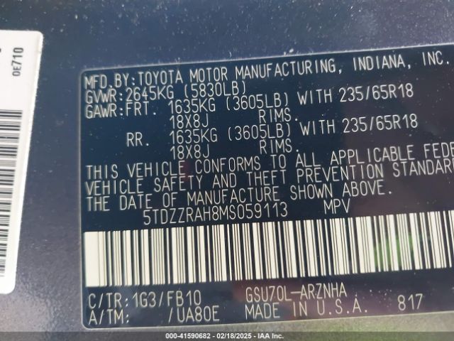 5TDZZRAH8MS059113 Toyota Highlander Le