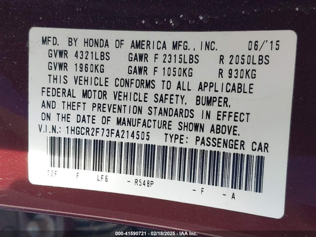 Honda ACCORD EX 2015 1HGCR2F73FA214505 Image 9