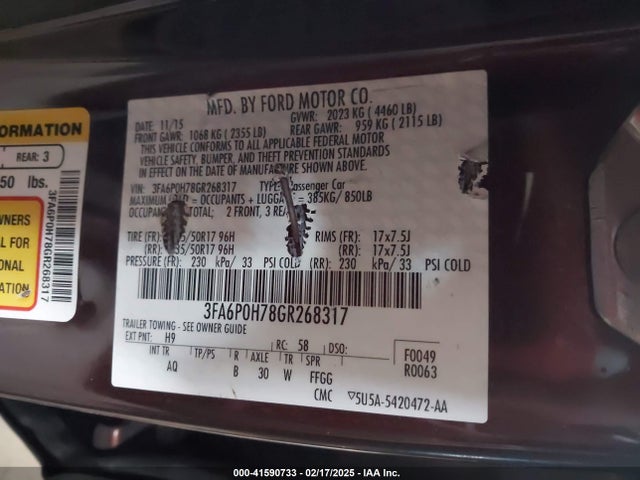 Ford FUSION SE 2016 3FA6P0H78GR268317 Image 9