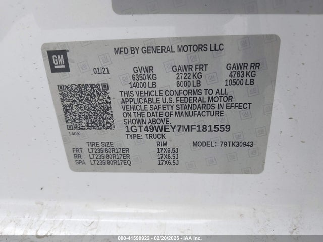 41590922 :رقم المزاد ، 1GT49WEY7MF181559 vin ، 2021 Gmc Sierra 3500hd 4wd  Long Bed Denali مزاد بيع