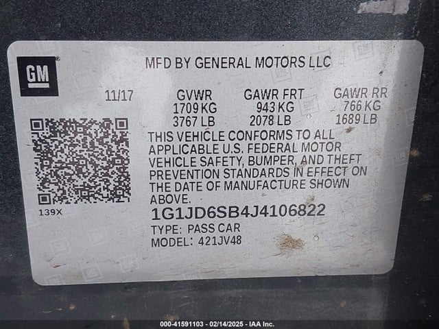 1G1JD6SB4J4106822 Chevrolet Sonic Lt Auto