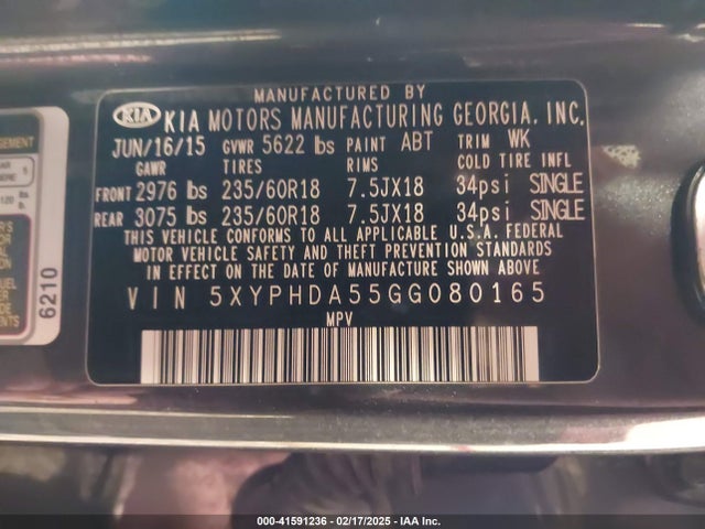 5XYPHDA55GG080165 KIA Sorento 3.3l Ex