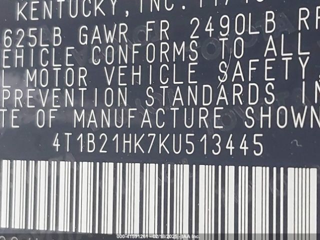 4T1B21HK7KU513445 Toyota Camry Hybrid Xle