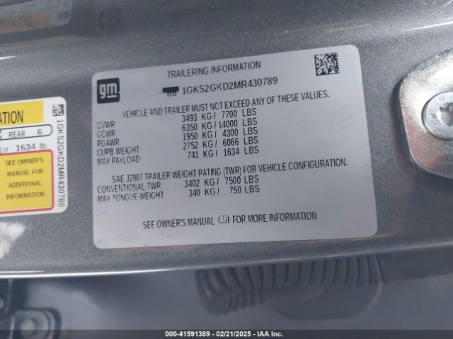1GKS2GKD2MR430789 GMC Yukon Xl 4wd Slt