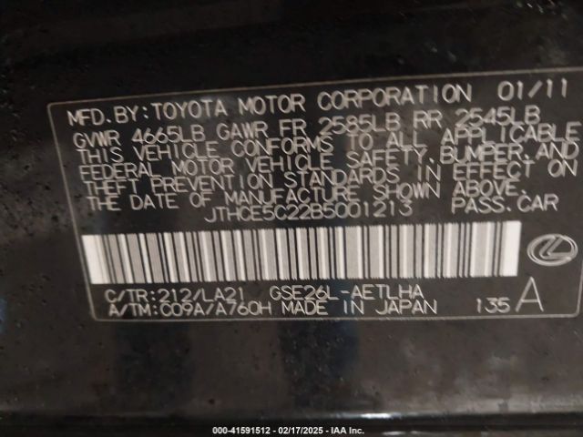 2011 LEXUS IS 350 JTHCE5C22B5001213 Photo 8