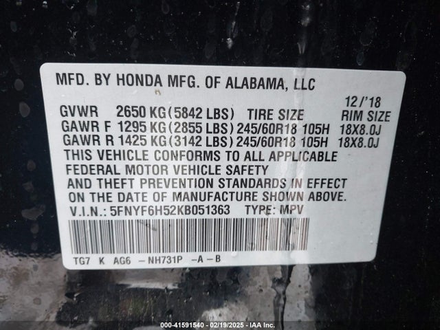 5FNYF6H52KB051363 Honda Pilot Ex-l
