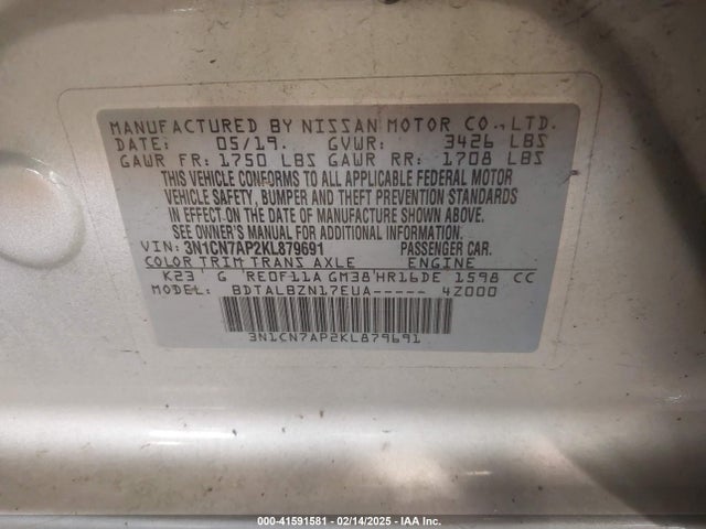 3N1CN7AP2KL879691 Nissan Versa 1.6 Sv