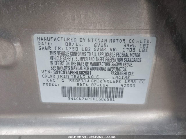 3N1CN7AP5HL802581 Nissan Versa 1.6 Sv