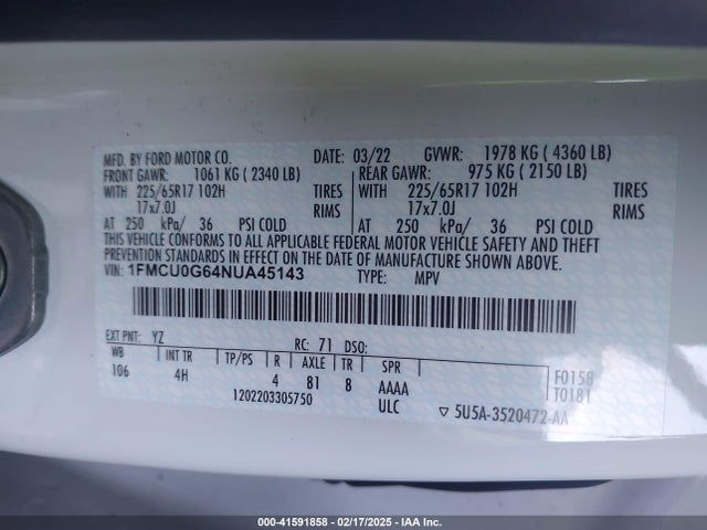 1FMCU0G64NUA45143 Ford ESCAPE SE
