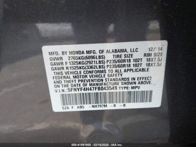 5FNYF4H47FB043549 Honda Pilot Ex