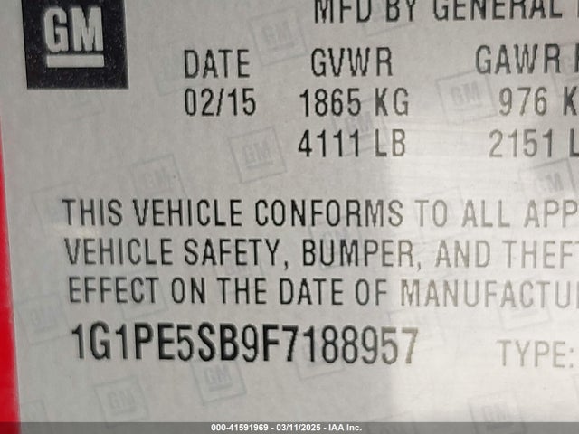 1G1PE5SB9F7188957 Chevrolet Cruze 2lt Auto