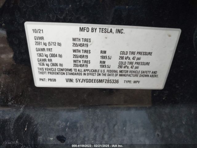 5YJYGDEE6MF285336 Tesla Model Y Long Range Dual Motor All-wheel Drive