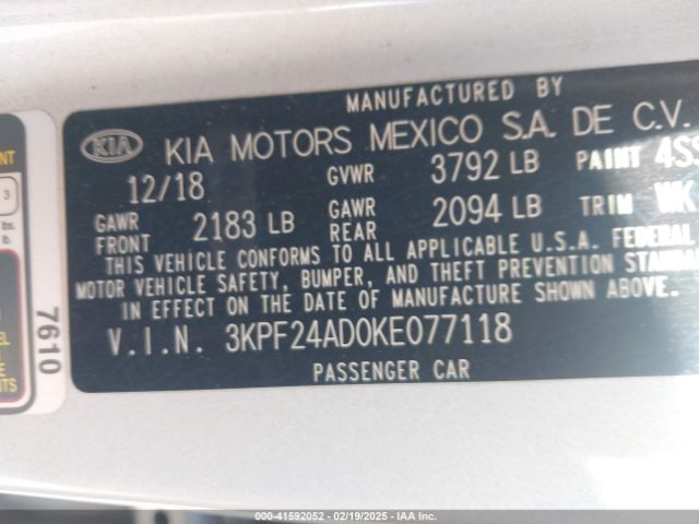 3KPF24AD0KE077118 KIA Forte Lxs