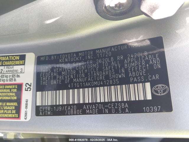 4T1G11AK0MU412835 Toyota CAMRY SE