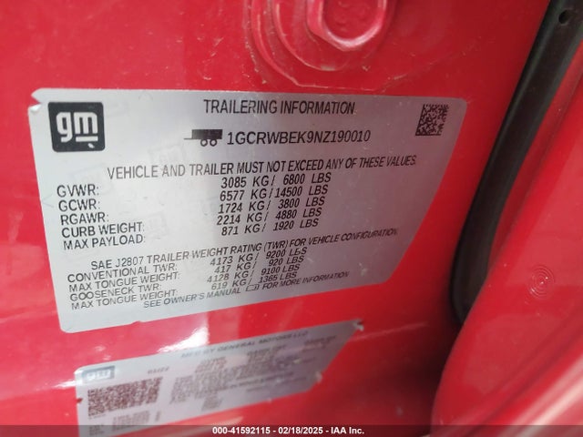 1GCRWBEK9NZ190010 Chevrolet Silverado 1500 Ltd 2wd Double Cab Standard Bed Custom