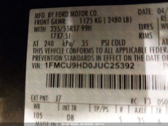 1FMCU9HD0JUC25392 Ford ESCAPE SEL