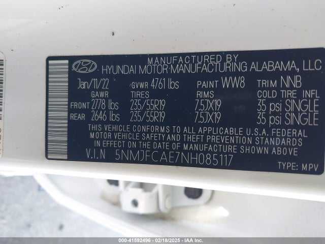5NMJFCAE7NH085117 Hyundai TUCSON SEL