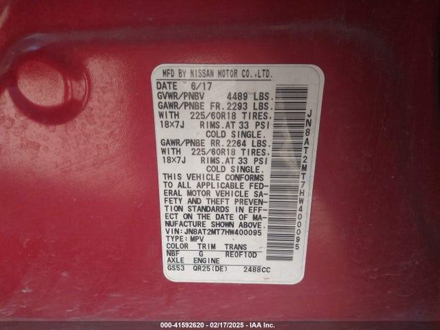 JN8AT2MT7HW400095 Nissan Rogue Sl