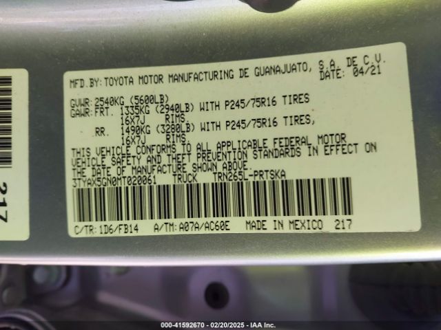 3TYAX5GN0MT020061 Toyota Tacoma Sr