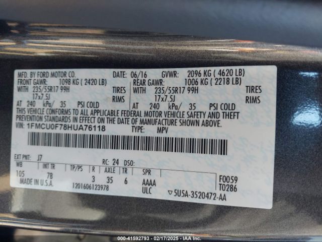 1FMCU0F78HUA76118 Ford ESCAPE S