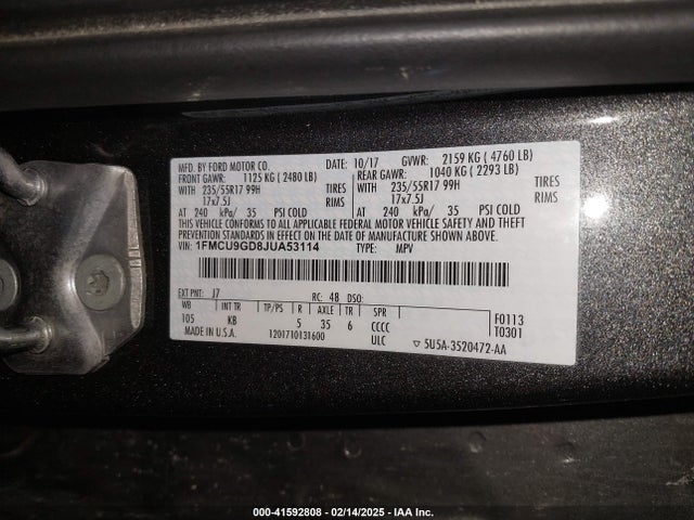 1FMCU9GD8JUA53114 Ford ESCAPE SE