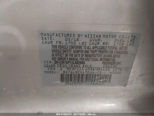 3N1CN7AP7JL882665 Nissan Versa 1.6 Sv