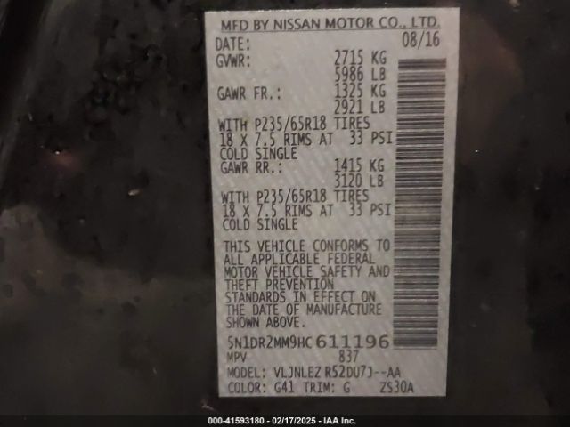 5N1DR2MM9HC611196 Nissan Pathfinder Sv