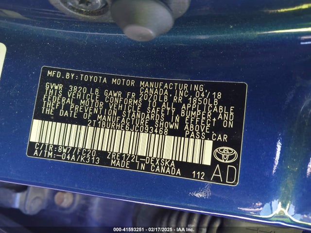 2T1BURHE6JC093468 Toyota COROLLA SE