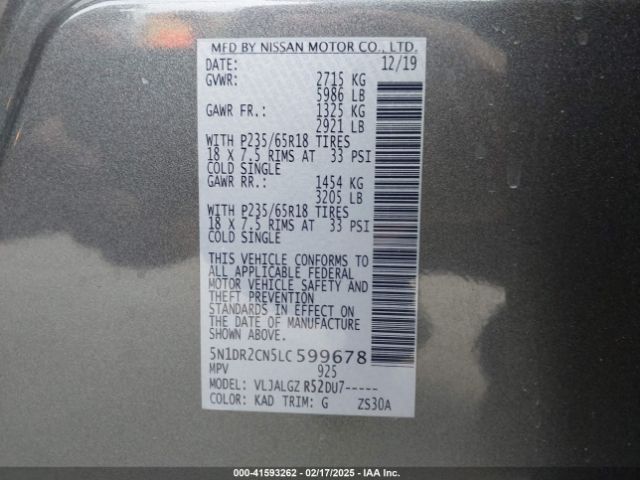 5N1DR2CN5LC599678 Nissan Pathfinder Sl 2wd