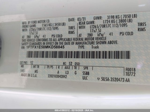 1FTFX1E58MKD58845 Ford F-150 Xlt