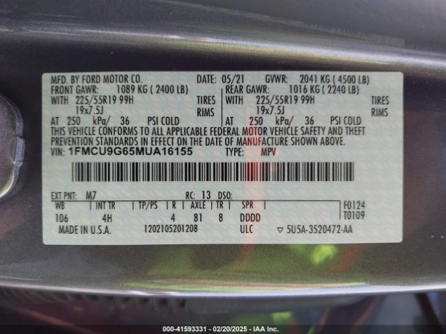 1FMCU9G65MUA16155 Ford ESCAPE SE