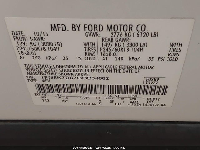 1FM5K7D87GGB34882 Ford EXPLORER XLT