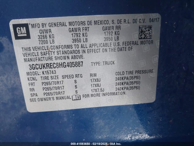Chevrolet l83 - sidi: spark ignited direct injection, vvt: variable valve timing, afm, e85 max, alum 2017 3GCUKREC8HG405887 Image 9