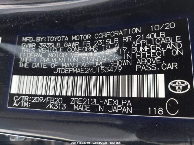 JTDEPMAE2MJ153479 Toyota COROLLA LE
