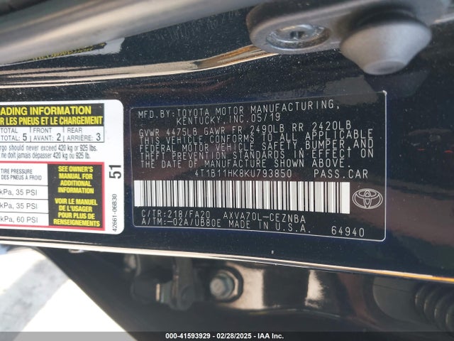 4T1B11HK8KU793850 Toyota CAMRY LE